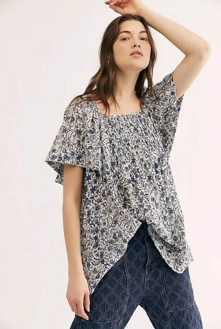 Free People Wildest Dreams Printed Ivory Combo Pure Cotton Tunic w Pockets